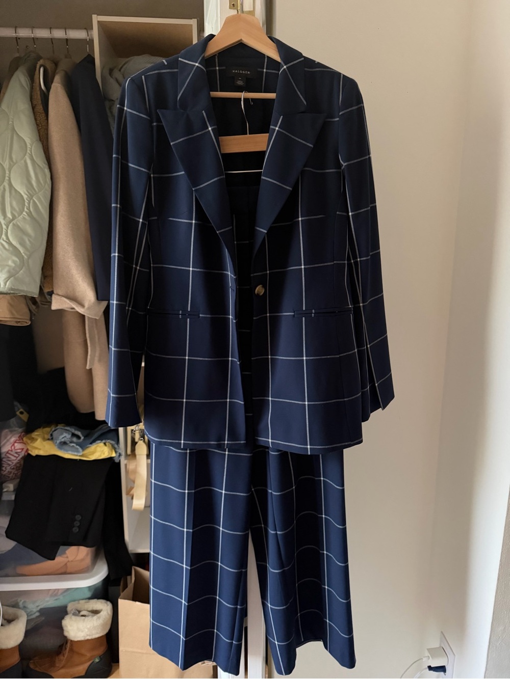 Halogen Navy Windowpane Blazer and Wide-Leg Trousers